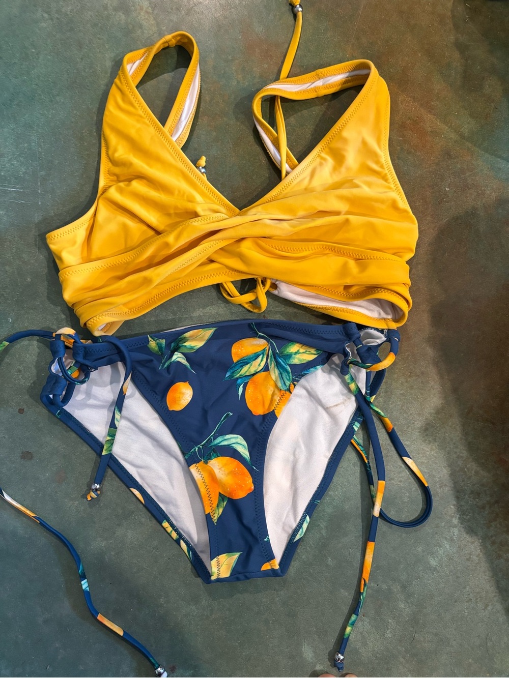 Yellow Twist Front Bikini Top with Navy Citrus Print Bottoms